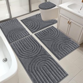 HEBE Bathroom Rugs Set 5 Piece, Plush Absorbent Bath Mats for Bathroom, Non Slip Machine Washable Bath Mat Set with Toilet Cover, Bath Runner and U-Shaped Contour Toilet Rug, Dark Grey