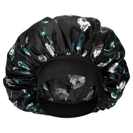 WLLHYF Silk Bonnet for Men, Satin Bonnet Single Layer Elastic Band Silk Sleep Cap Black Soft Adjustable Hair Cap Hair Wrap Large Bonnets for Women Sleeping (Rose Black)