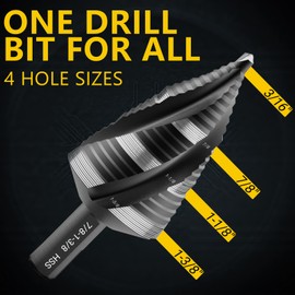 KAKILFOB Four Spiral Flute Step Drill Bit, HSS Step Drill Bit 3/16"-1-3/8" (19 Steps) Unibit Step Drill Bit, 1/4" Shank Step Bits for Aluminum, Wood, Plastic, Metal