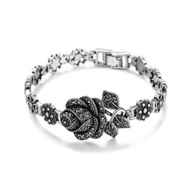 Aprilery Black Bracelets Onyx Marcasite Cuff Bangle for Women Teen Girls Infinity Bracelets Jewelry with Clasp Gifts for Her (Flower)