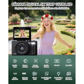 YBB Camara Digital 5K 75MP con WiFi y Pantalla Abatible de 3"