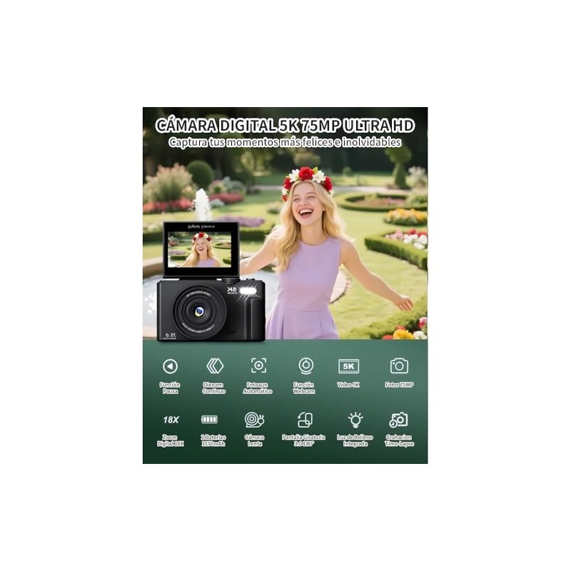 YBB Camara Digital 5K 75MP con WiFi y Pantalla Abatible