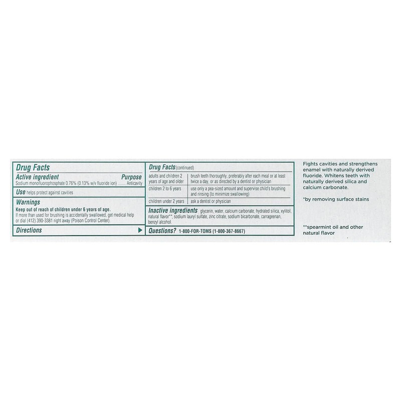 Tom's of Maine Whole Care Natural Toothpaste with Fluoride, Spearmint,