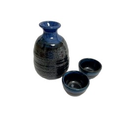 Japanese Mino Ware Ceramic Tokkuri Sake Bottle 9.3 Fluid Ounces and 2 Ochoko Guinomi Sake Cups 1.01 Fluid OuncesSet, Black and Blue pattern M44817 (Black, Blue)