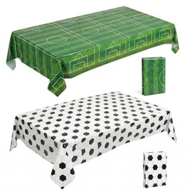 TEHAUX 2 Piezas Manteles de Fútbol para Fiestas (137 x 274 cm) - 1 Patrón de Cancha Verde y 1 Blanco y Negro, Cubiertas de Plástico Impermeable para C
