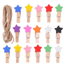HEALLILY 100pcs Mini Wooden Clothespins Star Shape Wall Hanging Photo Clips Picture Pegs Craft Clips with Hemp Rope Mixed Color