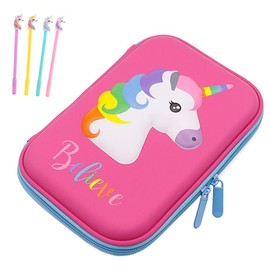 Pencil Case for Girls, 3D Cute EVA Unicorn Pen Pouch Stationery Box Anti-Shock Large Capacity Multi-Compartment for School with 4 unicorn pens