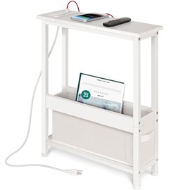 BAMGROW Slim Charging End Table with Storage - for Small Spaces and Bedroom (White)