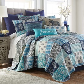 Levtex Home Chandra Twin Quilt Set, Patchwork, 100% Cotton, Indigo, Teal, Cream