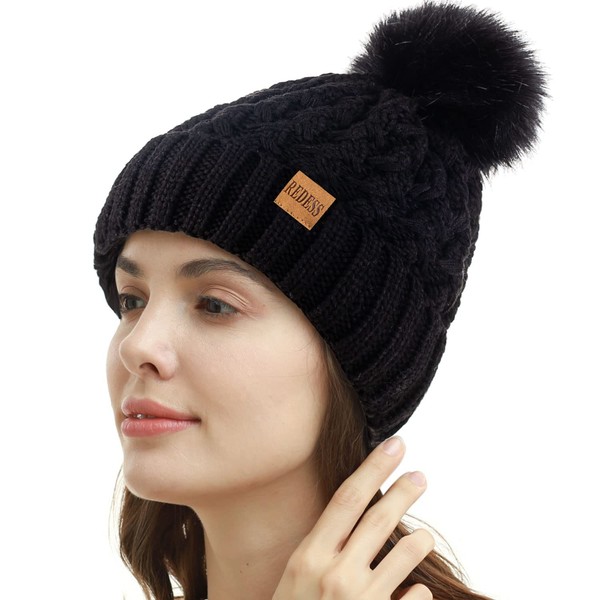 [REDESS] Women Winter Pom Pom Beanie Hat Warm Fleece Lined Thick Slouch Snow Knit Skull Ski Cap, Black