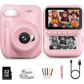 Kids Instant Print Camera, 3.0-inch HD Screen 32MP Photo Instant Digital Camera Christmas Birthday Gifts Toys for Children Girls Boys Age 3-12 - Pink - Colour: Pink