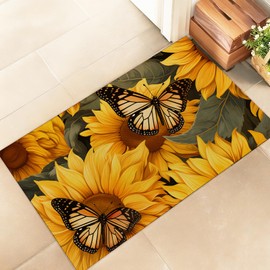 amepay Sunflower Butterfly Indoor Door Mat,Stylish 17x29.5in Non-Woven Fabric Floor Doormat with Yellow Floral and Monarch Butterflies,Rustic Nature Doormats,for Porch,Bedroom,Decor Rug Gifts