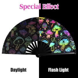 FairySandy Large Rave Fan UV Glow Hand Fan with Holster for Men/women, Disco Party Favor for Edm Music Festival Club Rave Accessories(Reflective Mushroom)