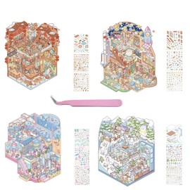 4 Sets Big DIY 3D House Stickers Scene Make Your Own House Fun DIY Scene Sticker for Kids Adults Girls Relief Stress Pass The Time Theater Ski Resort Science and Technology Museum Aquarium