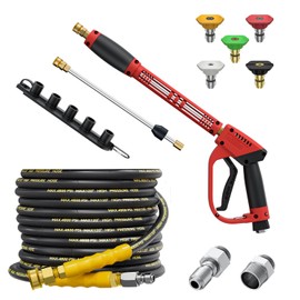 TechSweepPro 5000PSI Pressure Washer Gun and Hose Kit, 25FT Kink Resistant Steel Braided Power Washer Hose with 3/8" Swivel Quick Connector and M22 14mm Adapters Replacement/30" Extension Washer Wand