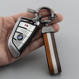 Long River Sunset Car key chains rings for car keys，Outer wear-resistant canvas inner soft leather, metal fittings horseshoe buckle and key chain (brown white grey)