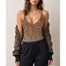 Eyanse Spaghetti Strap Tank top Womens Leopard Tank Tops Summer Sleeveless Shirts V Neck Rave Tops Cheetah Print Clothes Petite Woman Long Crop Tops Ladies Halter Top,M