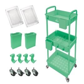 Inspired Living 3-Tier Plastic Rolling Utility Cart with Handle, Lockable Caster Wheels 2 Bins 3 Hanging Baskets & 4 Hooks, Multi-Functional Storage Trolley, for Kitchen, Living Room, Bathroom, Green