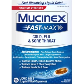 Mucinex Fast-Max Maximum Strength Cold, Flu & Sore Throat, 16 Liquid Gels