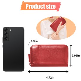 DUSCOKE Leather Car Key Chain Bag with Zipper & 6 Metal Hooks – Universal Remote Key Fob Holder, Coin Case Keyring Wallet Car Keychain Protector Case for Men and Women (Red)