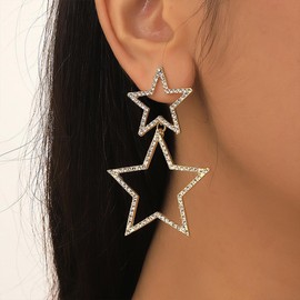 Bling Gold Rhinestone Star Dangle Earrings for Women Fashion Silver Sparkly Crystal Double Five-Pointed Stars Drop Earring Trendy Aesthetic Jewelry (Gold)