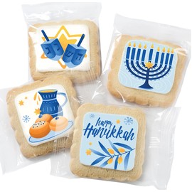 Happy Hanukkah Cookies Gift Basket Kosher bulk Party favors for Kids | Jewish Holiday Gourmet Corporate Food Gift INDIVIDUALLY WRAPPED | 24 Decorated Sugar Cookies Menorah Donuts Dreidels