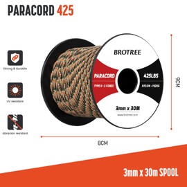 Brotree 3mm Paracord 425 100% Nylon 30M Rope 3 Strands Type II Parachute Cord for Outdoor, Craft, DIY - 192kg Breaking Load (Hidden Camo)