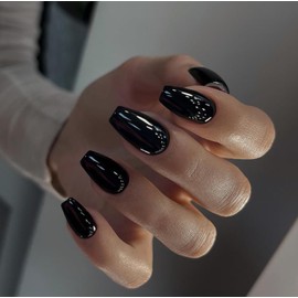 Uñas Postizas Negras de Presión, Tamaño Mediano, Forma de Ataúd, Cobertura Completa, Puntas de Uñas Postizas, Longitud Media, Uñas Acrílicas Largas, G
