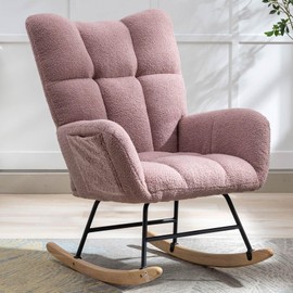 Phore Nursery Rocking Chair Teddy Upholstered Glider Rocker with High Backrest Armchair Comfy Side Modern Rocking Accent Chairs for Living Room, Nursery, Bedroom, Offices(Pink)