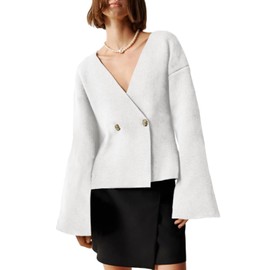 Saodimallsu Womens V Neck Cardigans Long Bell Sleeve Button Down Open Front Loose Knit Fall Sweater Blazer White