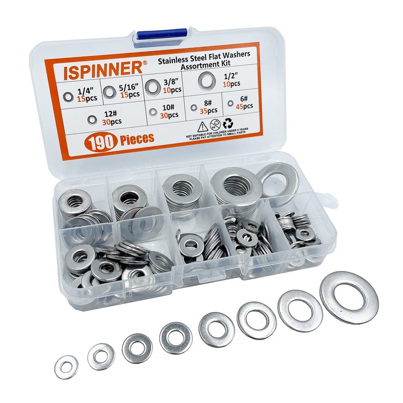 ISPINNER 190pcs 304 Stainless Steel Flat Washers Assortment Kit, 8