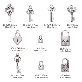 Ipotkitt 100 Pcs 10 Styles Antique Silver Heart Lock and Key Charms Tibetan Alloy Valentine Vintage Skeleton Key and Pad Lock Charms for DIY Jewelry Making