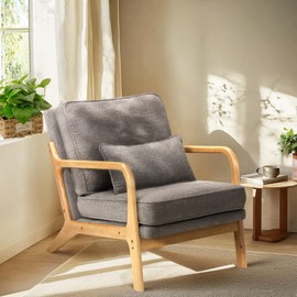 COLAMY Mid Century Modern Accent Chair with Lumbar Pillow, Relaxing Armchair with Solid Wood Frame & Soft Cushion, Reading Leisure Chair for Living Room,Bedroom,Waiting Room（Grey）