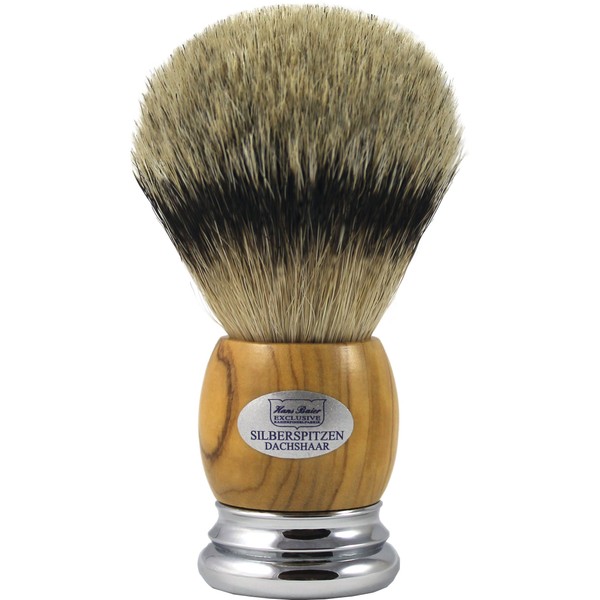 Hans Baier Exclusive Shaving Brush Silver Tip Badger Hair - Real Olive Wood Handle Size 3 124 g
