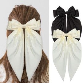 Silky Satin Hair Bows 2Pcs Big Hair Bows for Women Girls Hair Ribbons Bows Oversized Long Tail White Black Hair Ribbon Barrettes Metal Clips Bowknot Aesthetic Hair Accessories Birthday Gift