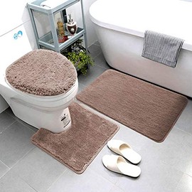 Luxury Home Goods 3 Piece Solid Super Soft Microfiber Bathroom Rug Set Includes Bath Rug, Contour Mat, and Toilet Lid Cover, Non-Slip Bath Rugs with Rubber Backing, Machine Washable (Taupe)