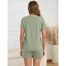 Becotal Womens Pajama Sets Ribbed Knit 2 Piece Lounge Set Loungewear Pj Sets V Neck Short Sleeve Top and Shorts with Pocket Sleep Set Summer Green Small