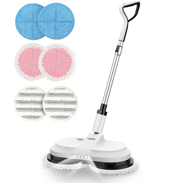 OGORI Cordless Electric Mop, Cordless Floor Cleaner Dual-motor Powerful Spin Mop w/Water Spray and LED Headlight, Self-Propelled Police Scrubber Mops for Vinyl, Hardwood, Tile & Laminate Floors