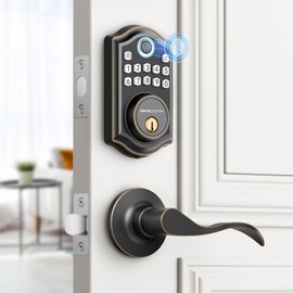 AkaGear Keyless Entry Door Lock with Handle - 2 Lever Handles, Fingerprint Door Lock, Electronic Keypad Deadbolt, 2 Keys, Smart Lock for Front Door, Auto-Lock & One Touch Locking, Easy Installation