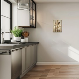 MODOJOART Fork Knife Spoon Canvas Wall Art, Golden Fork Knife Spoon and White Flowers Painting Print Vintage Rustic Still Life Picture Photo for Kitchen Restaurant Decor(Artwork-02, 12"x18")