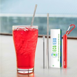 Stainless steel Portable Reusable Telescopic Drinking Straw Keychain with cleaning brush and case. BONUS carabiner for maximum versatility and convenience. Great for travel.