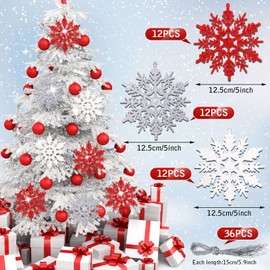 36 Pieces Plastic Christmas Glitter Snowflake Ornaments Snowflake Christmas Tree Decorations with 36 Pieces Ropes for Christmas Tree Wedding (Red, Silver, White, 4.92 Inch)