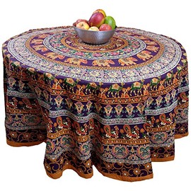 India Arts Handmade 100% Cotton Elephant Mandala Floral 81" Round Tablecloth Burgundy Mustard Orange Green