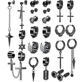 Jstyle Earrings, Popular, Men's Earrings, Stud Earrings, Set, Stainless Steel, Hoop Earrings, Dangle, Cross Earrings, Kpop Earrings, Punk Earrings, Fashion, Silver, Black,, Silver Stainless Steel