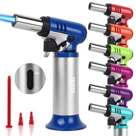 TBTEEK Butane Torch with Fuel Gauge T907, One-hand Operation Kitchen Torch Lighter with Adjustable Flame for BBQ, Baking, Brulee Creme, Crafts and Soldering(Butane Gas Not Included), Blue