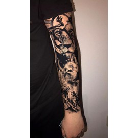 INKARTLINK Semi Permanent Tattoo, 2 Pieces Full Arm Large Size Art Party Tattoos, Comes with a Pair of Anti-Transfer Sleeves, Lasts 7-15 Days, Waterproof and Anti-Reflective (Lion, Wolf, Clock)
