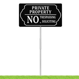 Kichwit Private Property Sign, 7 x 13 Inch/35 Inch High, No Soliciting No Trespassing Sign with Metal Stakes, Aluminum, Rectangular, Black