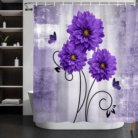 Voshin Floral Shower Curtain Purple Dahlia Flowers and Butterfly Fabric Shower Curtains for Bathroom, Rustic Farmhouse Country Shower Curtain Set with Hooks, 69 X 70 Inch