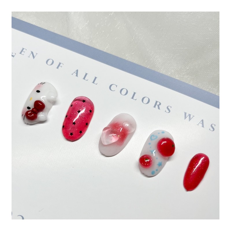 [Handmade Nail Tips] Tomato Horizontal Cat Nails - Coffin Egg