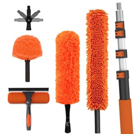 LAANPOLE 26FT High Reach Duster Cleaning Kit with Extension Pole, High Ceiling Fan Cleaner Duster Tool for Fan Blades, Window Washing Kit with Microfiber Feather Duster & Window Squeegee